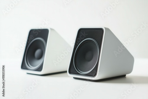 Modern minimalist white computer speakers with black grills on a clean surface. photo