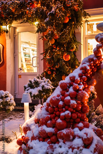 Decorated streets for the New Year and Christmas in Zelenogradsk at the Baltic sea.