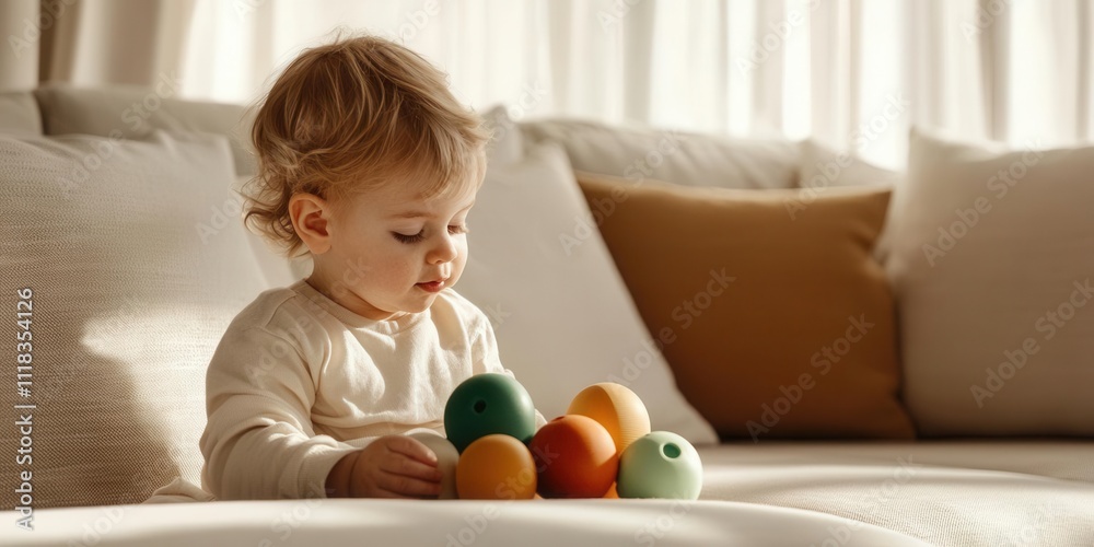 Fototapeta premium Playful baby engaged with colorful toys in cozy living room setting