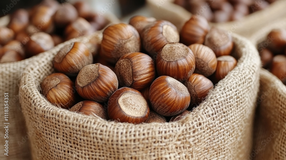 Fresh hazelnuts in burlap sacks create rustic and organic feel. Perfect for healthy snacks or culinary uses, these nuts add delightful crunch to various dishes