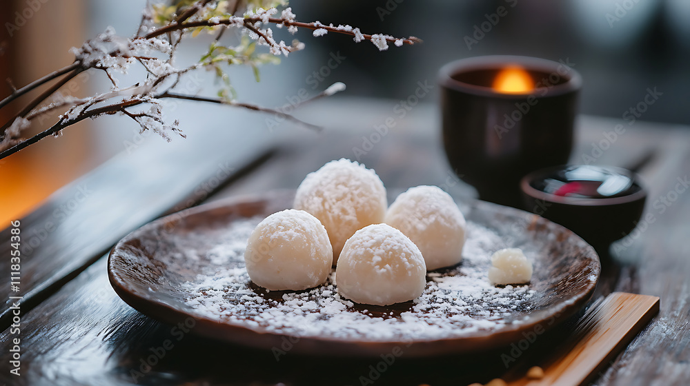 Azuki red bean mochi on a plate Azuki red bean mochi on a plate