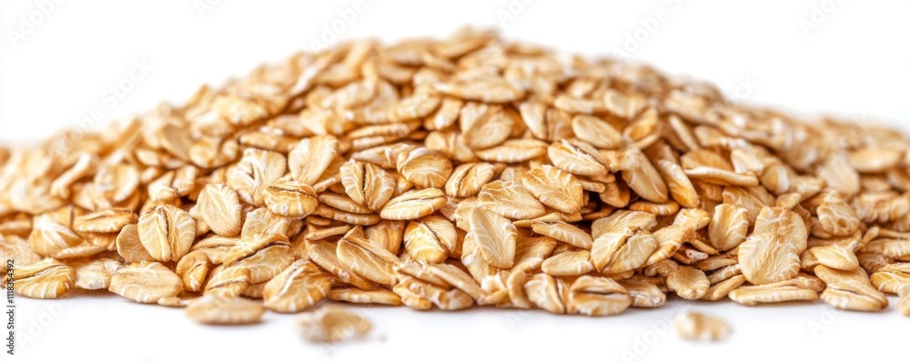 A close-up of a pile of rolled oats, showcasing their texture and color against a white background. A close-up of a pile of rolled oats, showcasing their texture and color against a white background.