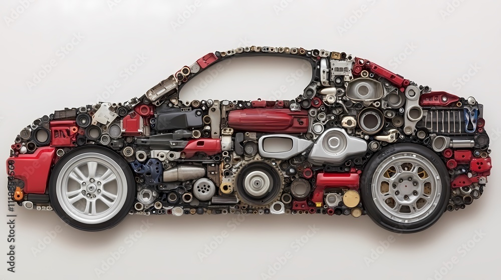 A creative representation of a car made from various mechanical parts, showcasing intricate details and vibrant colors. A creative representation of a car made from various mechanical parts, showcasing intricate details and vibrant colors.