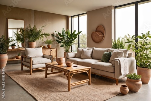 Modern Living Room with Bamboo Furniture and Green Plants 