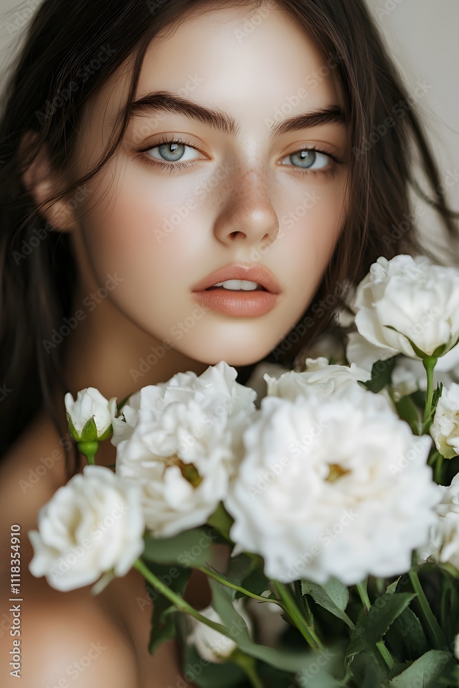 Beautiful white girl with flowers. Stunning brunette girl with big bouquet flowers of roses Beautiful white girl with flowers. Stunning brunette girl with big bouquet flowers of roses