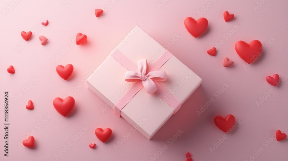 A festive arrangement for Valentine's Day or Mother's Day, viewed from above, featuring a beautifully wrapped gift box in soft pastel shades of pink and cream. The box is decorated with a delicate rib A festive arrangement for Valentine's Day or Mother's Day, viewed from above, featuring a beautifully wrapped gift box in soft pastel shades of pink and cream. The box is decorated with a delicate rib