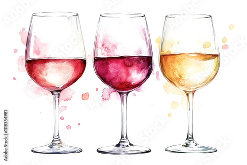 Three elegant wine glasses filled with red and white wine are artistically depicted in watercolor. Soft splashes of color enhance the vibrant presentation of the beverages