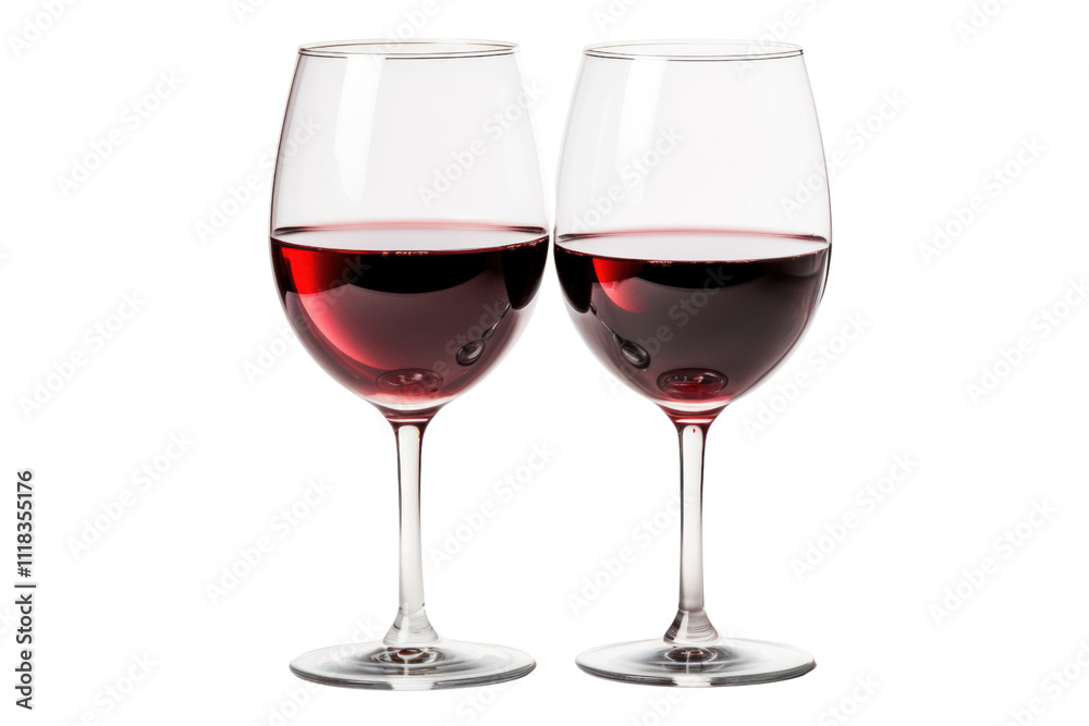 Two elegant wine glasses clinking together, filled with a rich red wine, the glasses catching the light in a soft glow, isolated on white background Two elegant wine glasses clinking together, filled with a rich red wine, the glasses catching the light in a soft glow, isolated on white background