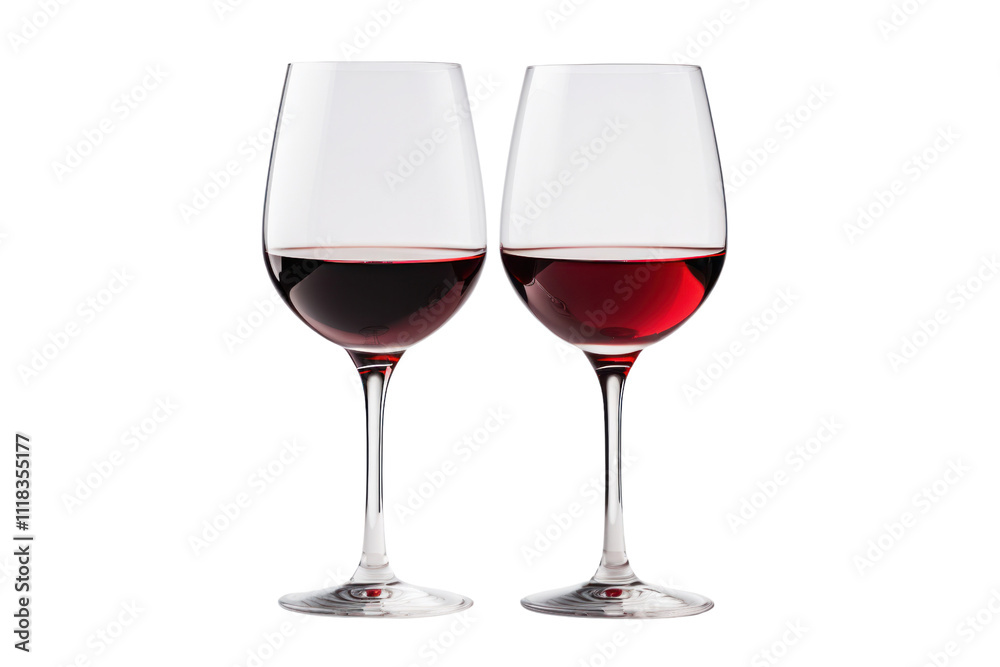 Two elegant wine glasses clinking together, filled with a rich red wine, the glasses catching the light in a soft glow, isolated on white background Two elegant wine glasses clinking together, filled with a rich red wine, the glasses catching the light in a soft glow, isolated on white background