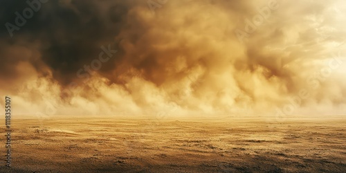 A barren desert landscape with a wall of sand and dust moving across, creating a dramatic sandstorm effect.