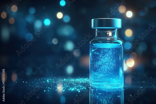 Glowing blue liquid in glass vial with bokeh background.