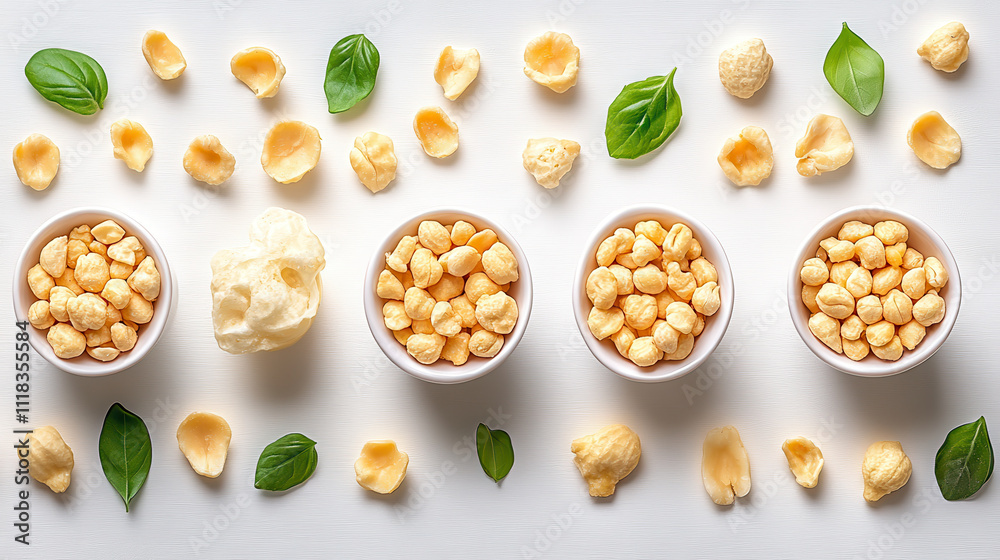 Delight in vibrant display of snacks, featuring bowls of crunchy treats surrounded by fresh basil leaves and scattered snack pieces, creating visually appealing arrangement Delight in vibrant display of snacks, featuring bowls of crunchy treats surrounded by fresh basil leaves and scattered snack pieces, creating visually appealing arrangement