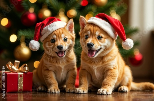 Two little funny puppies sit in front of a decorated Christmas tree wearing Santa Claus hats. 