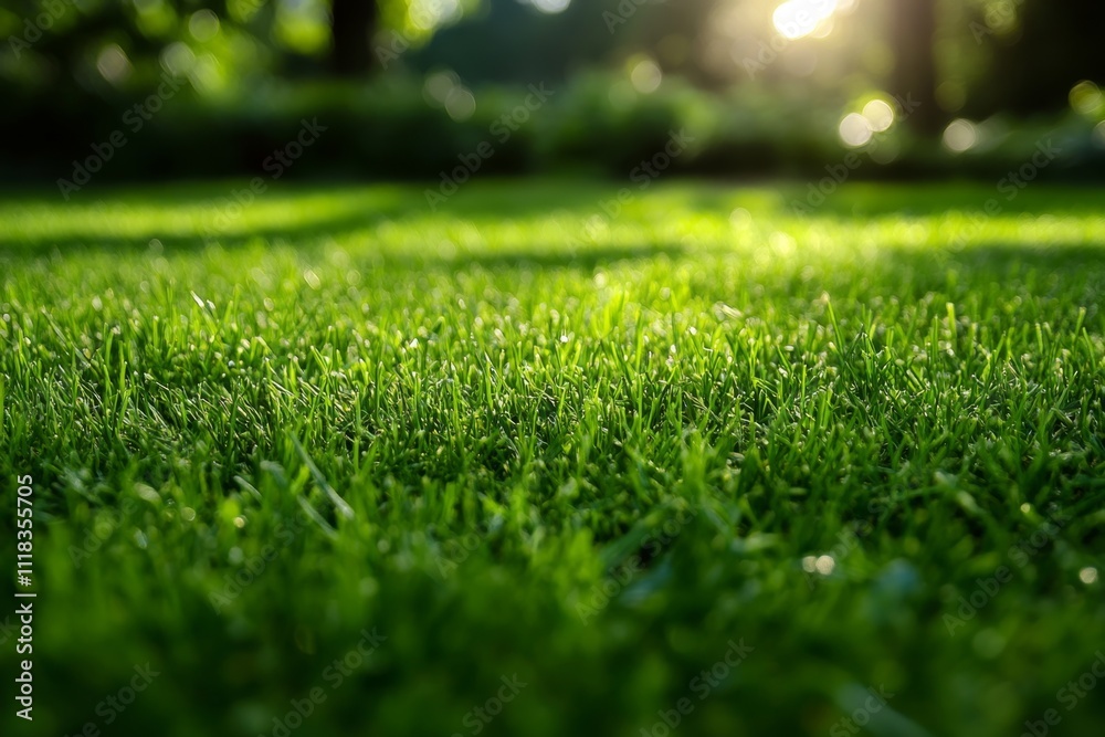 Naklejka premium Green Grass with Sunlight Bokeh Background