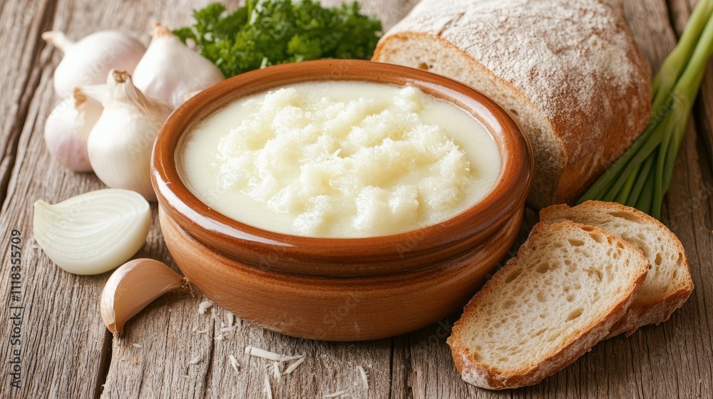 Creamy Garlic Sauce with Fresh Ingredients and Rustic Bread Creamy Garlic Sauce with Fresh Ingredients and Rustic Bread