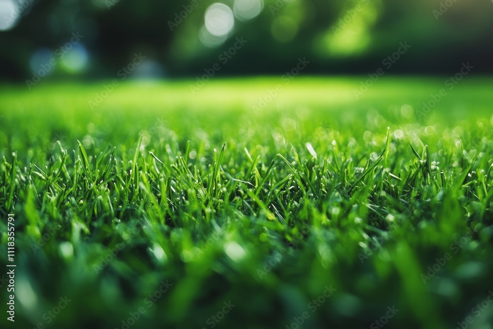 Naklejka premium Lush Green Grass Close Up with Bokeh Background