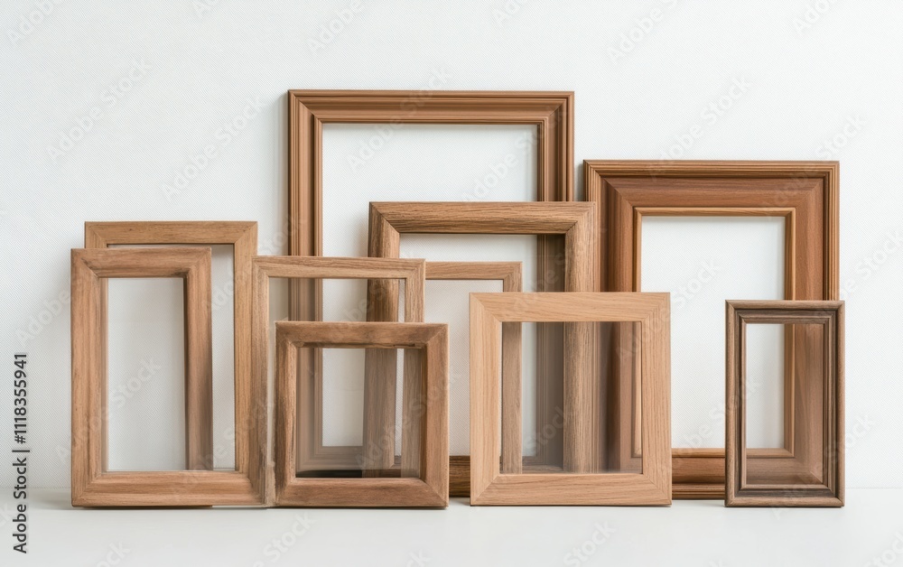 Obraz premium A collection of wooden picture frames are displayed on a white background