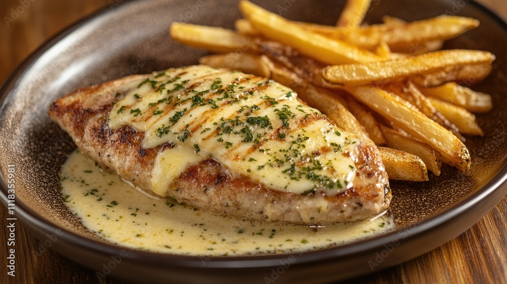 Grilled fish fillet with creamy sauce and crispy French fries Grilled fish fillet with creamy sauce and crispy French fries