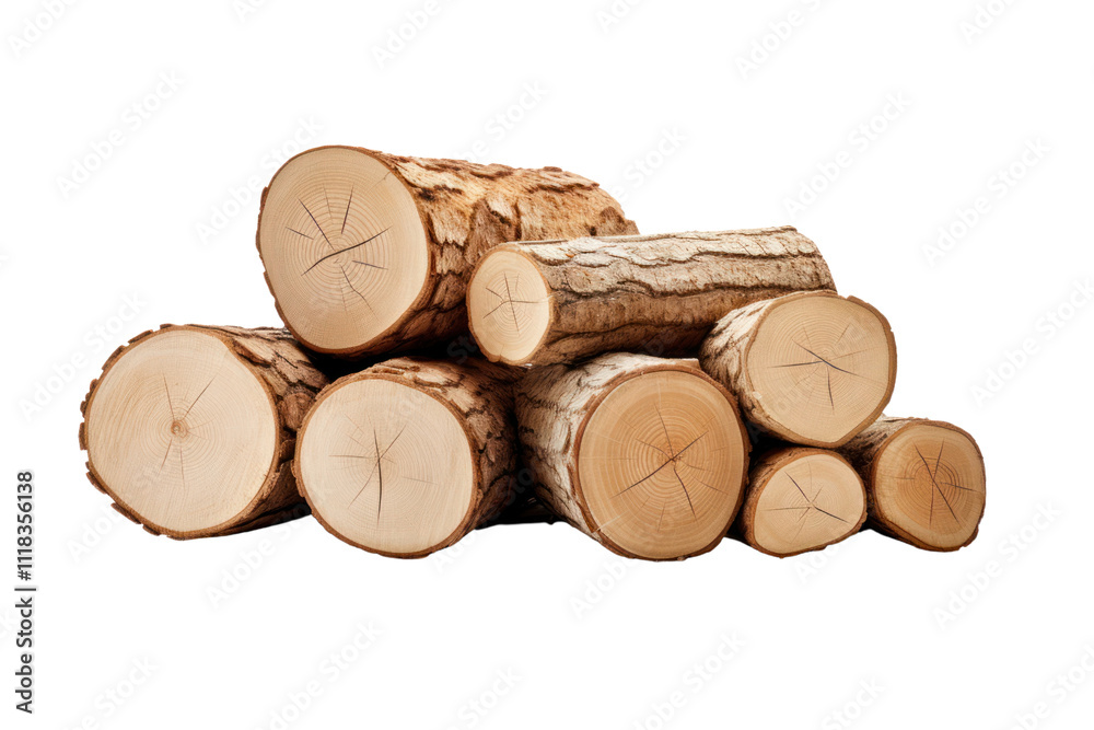 Stacked logs arranged in a neat pile, showcasing different sizes and cuts isolated on white background Stacked logs arranged in a neat pile, showcasing different sizes and cuts isolated on white background