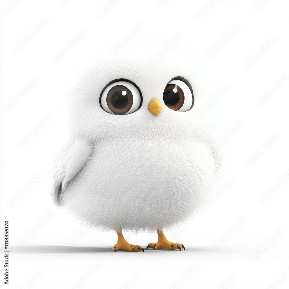Cute and fluffy cartoon owl character with big eyes standing on a white background Cute and fluffy cartoon owl character with big eyes standing on a white background