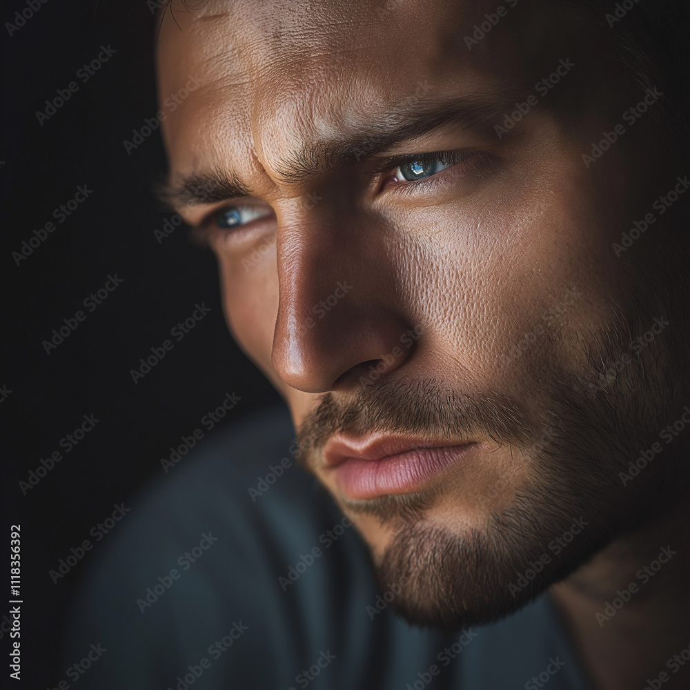 Close-up of a man with a piercing gaze and a serious expression. Close-up of a man with a piercing gaze and a serious expression.