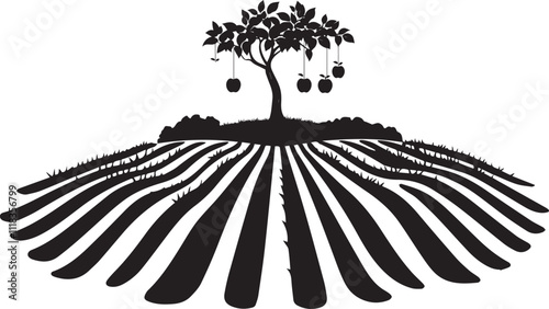 Silhouette of a field with rows of crops with tree black and white