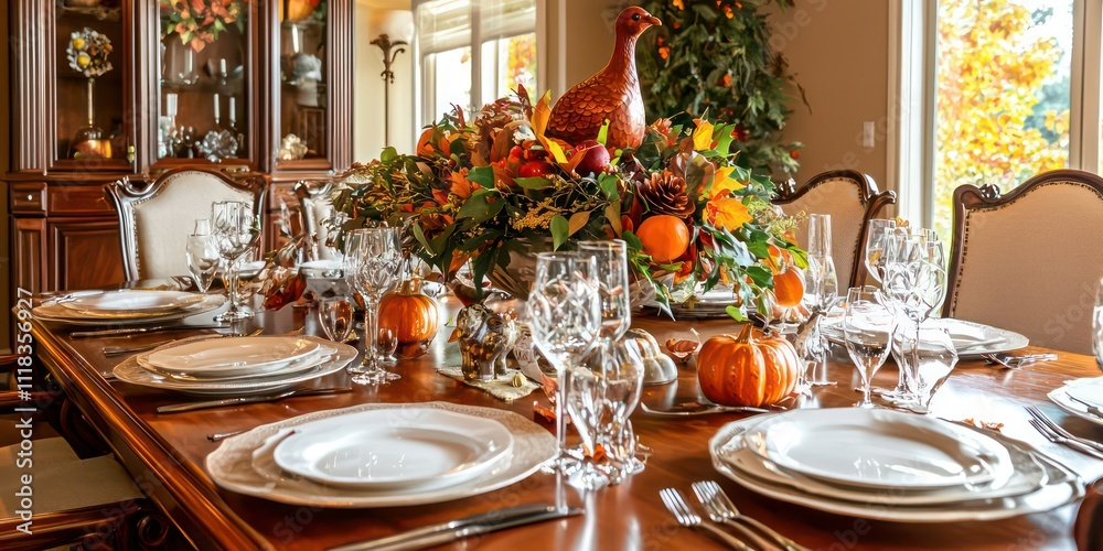 A beautifully set Thanksgiving dinner table adorned with autumn decorations and a turkey centerpiece. A beautifully set Thanksgiving dinner table adorned with autumn decorations and a turkey centerpiece.