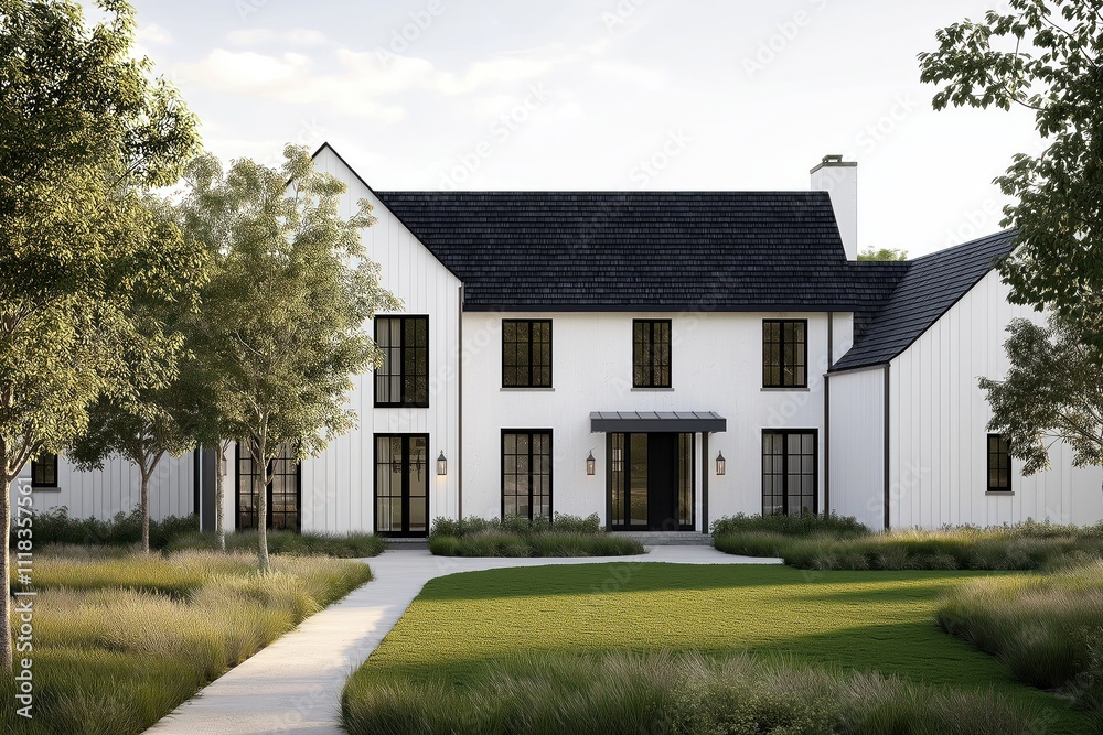 Modern farmhouse residence with white siding, dark shingled roof. Black windows, entryway. Rich landscaping with grass, shrubs. Pathway leading to front door. Contemporary design with spacious yard, Modern farmhouse residence with white siding, dark shingled roof. Black windows, entryway. Rich landscaping with grass, shrubs. Pathway leading to front door. Contemporary design with spacious yard,