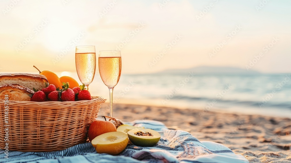 Fototapeta premium Sunset Picnic with Fruits and Bubbly by the Beach Shoreline