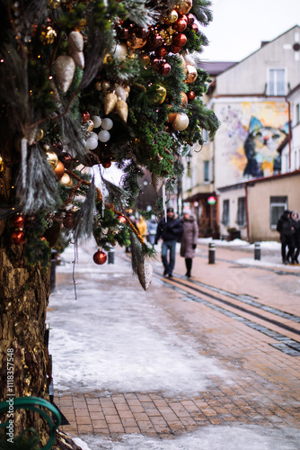 Decorated streets for the New Year and Christmas in Zelenogradsk at the Baltic sea.