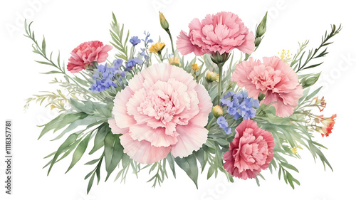 Delicate Watercolor Carnations with Wildflowers – Artistic Floral Illustration