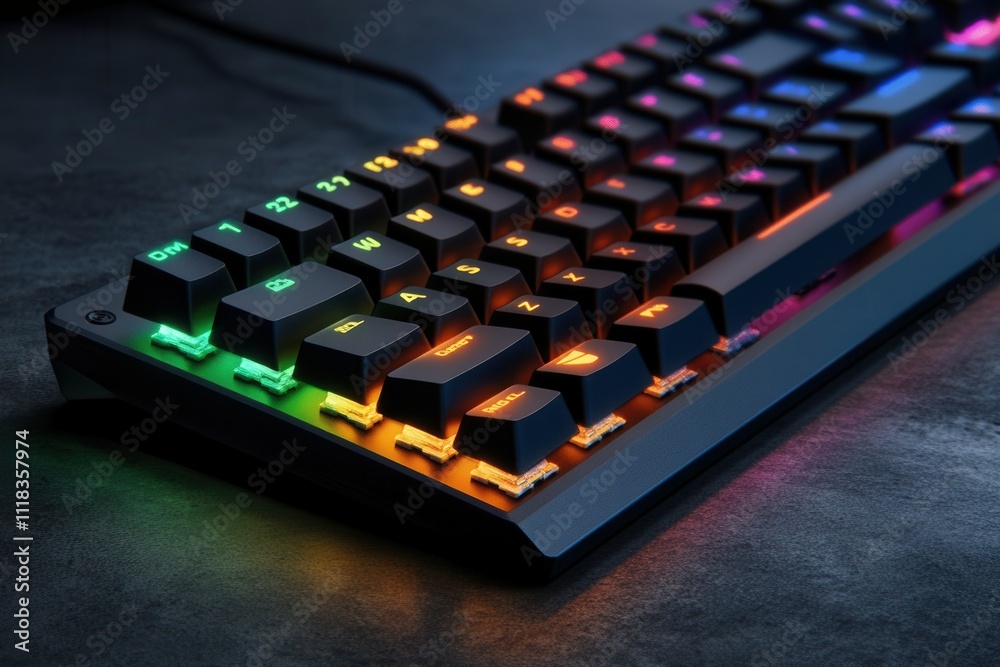 Colorful rgb mechanical gaming keyboard on dark surface. Colorful rgb mechanical gaming keyboard on dark surface.