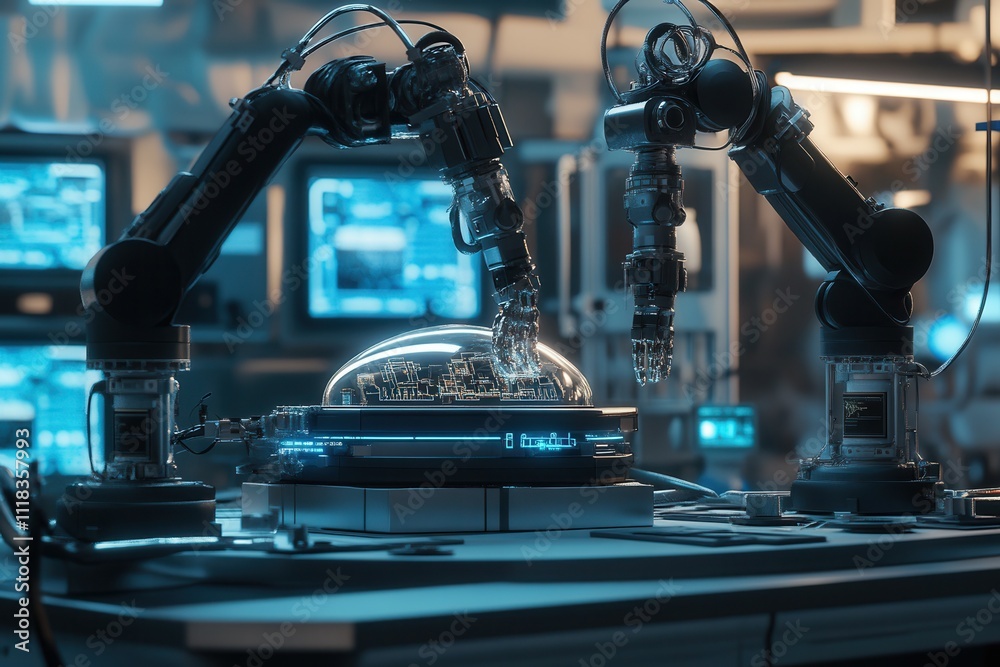 Robotic arms operating on circuit board in futuristic laboratory setting. Robotic arms operating on circuit board in futuristic laboratory setting.