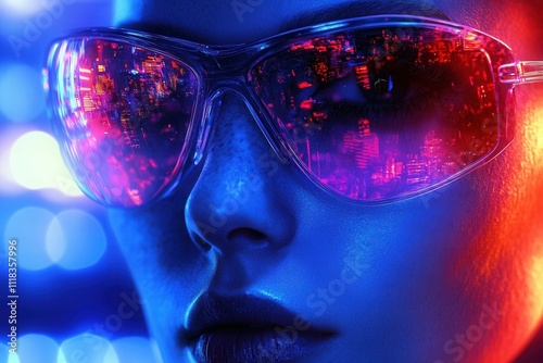 Futuristic neon reflection on asian female's sunglasses in night cityscape.