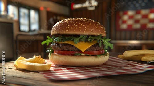 Wallpaper Mural Delicious cheeseburger with fresh ingredients and crispy fries Torontodigital.ca