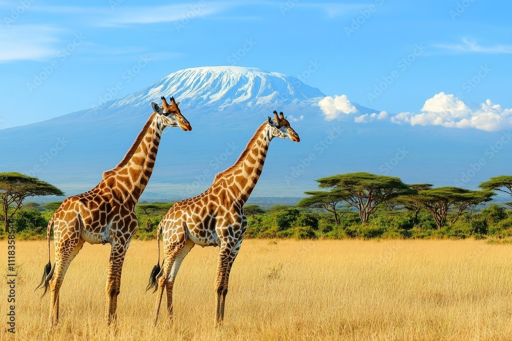 Obraz premium Giraffes in the Savanna with Mount Kilimanjaro in the Background