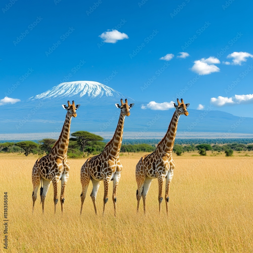 Obraz premium Three Giraffes in African Savanna with Mount Kilimanjaro in the Background