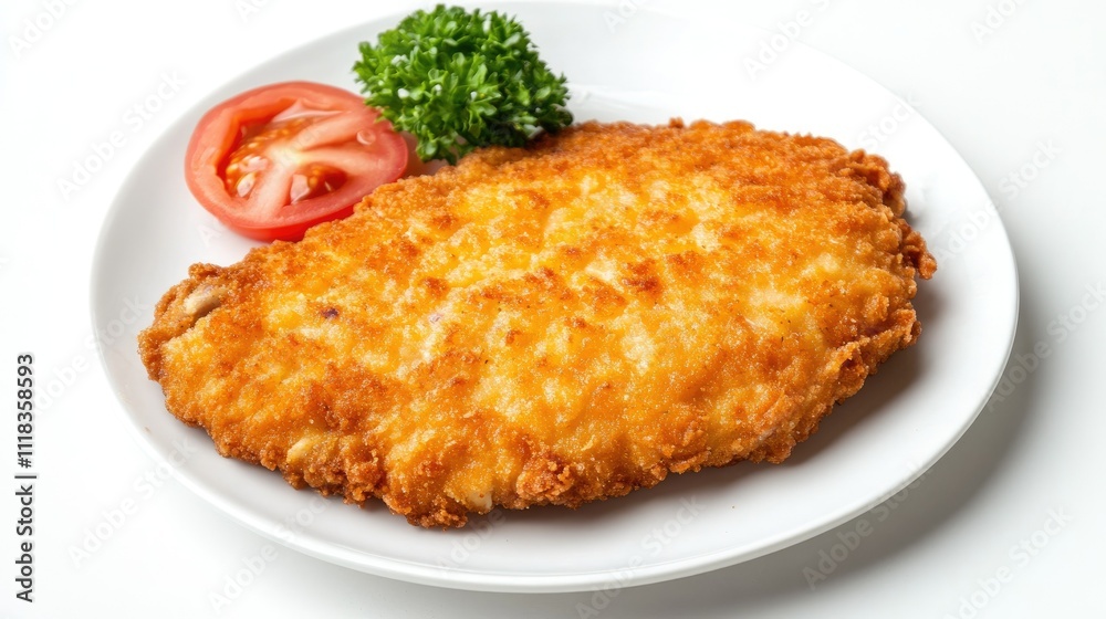 Crispy Golden Breaded Chicken Fillet on White Plate with Garnish