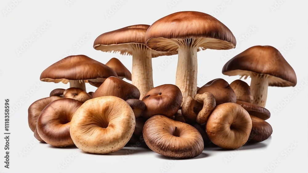 A detailed image of fresh shiitake mushrooms isolated on a white or neutral background. The mushrooms should be shown in their natural form, with their characteristic dark brown caps and light-colored A detailed image of fresh shiitake mushrooms isolated on a white or neutral background. The mushrooms should be shown in their natural form, with their characteristic dark brown caps and light-colored