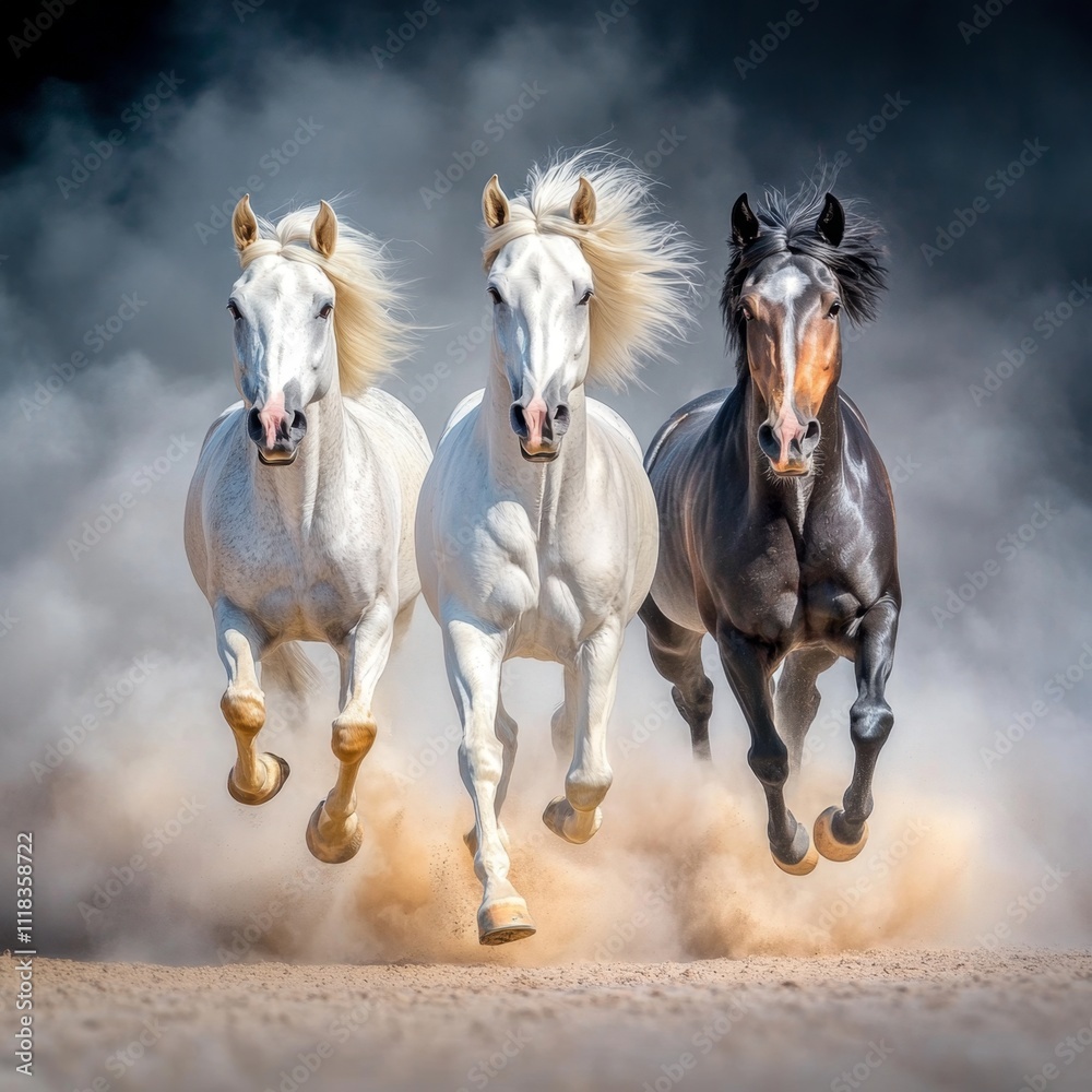 Three Horses Running in Dust Close Up Three Horses Running in Dust Close Up