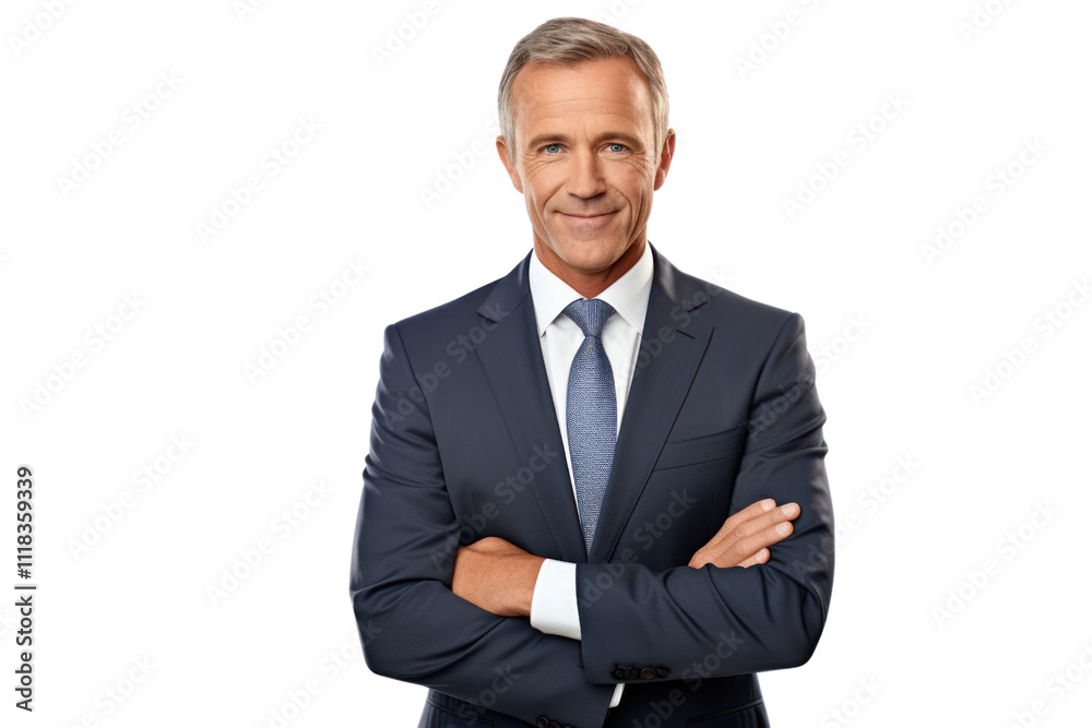Middle-aged man with a confident smile, wearing a business suit and tie, standing with arms crossed. Isolated on white background Middle-aged man with a confident smile, wearing a business suit and tie, standing with arms crossed. Isolated on white background