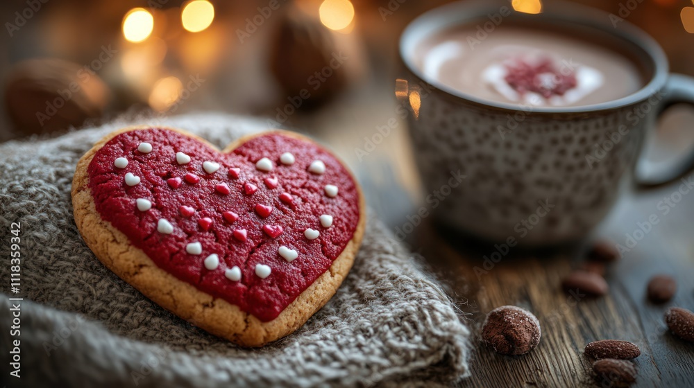 Heart-shaped cookie and hot chocolate on cozy knitted fabric. Heart-shaped cookie and hot chocolate on cozy knitted fabric.