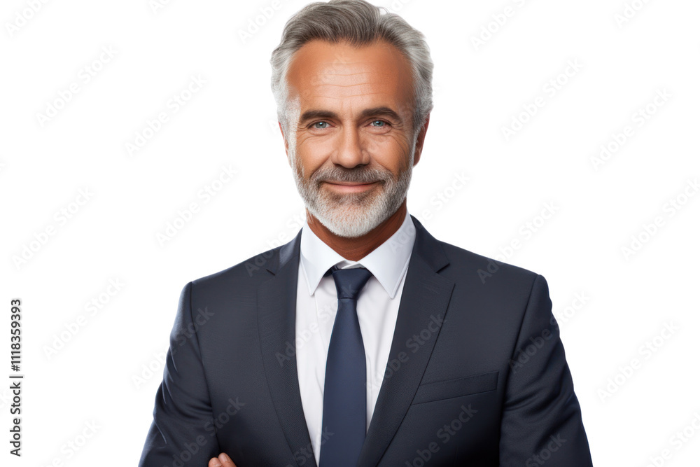 Middle-aged man with a confident smile, wearing a business suit and tie, standing with arms crossed. Isolated on white background Middle-aged man with a confident smile, wearing a business suit and tie, standing with arms crossed. Isolated on white background