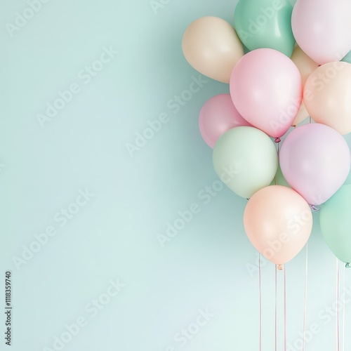 Colorful balloons gather in a charming display against a soft blue backdrop, perfect for celebrations and joyful occasions photo