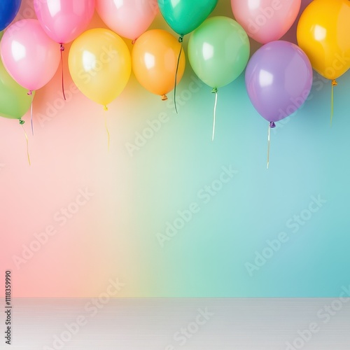 Colorful balloons decorate a pastel background for a festive celebration in a cheerful setting