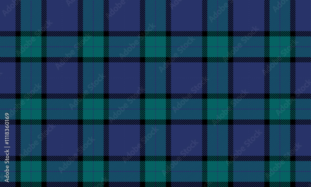 Fototapeta premium Plaid fabric pattern, blue, green, black, fashionable seamless cross lines pattern for textiles, and for designing clothes, skirts or decorative fabrics. Vector illustration.