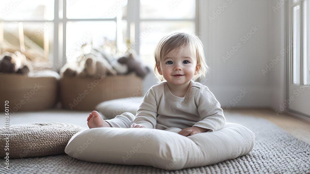 Adorable Baby Sitting on Soft Pillow in Playroom Adorable Baby Sitting on Soft Pillow in Playroom