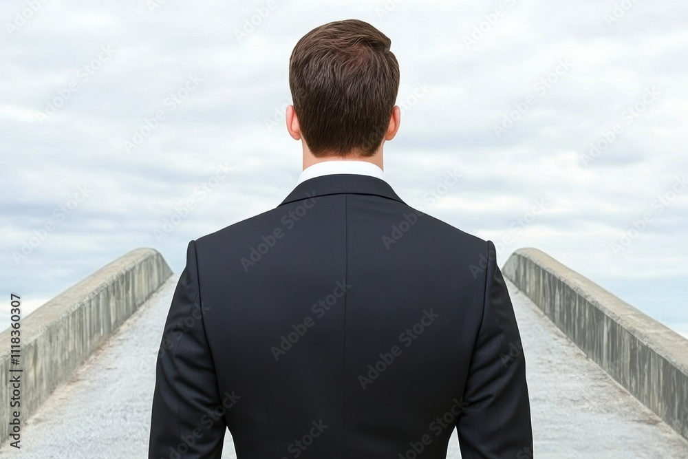 A man in a suit is standing on a bridge looking out over a body of water A man in a suit is standing on a bridge looking out over a body of water