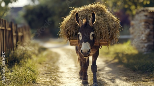 A sturdy donkey makes its way down a dusty rural path, laboriously carrying a bundle of hay on its back, illuminated by the warm, golden hues of late afternoon sunlight photo