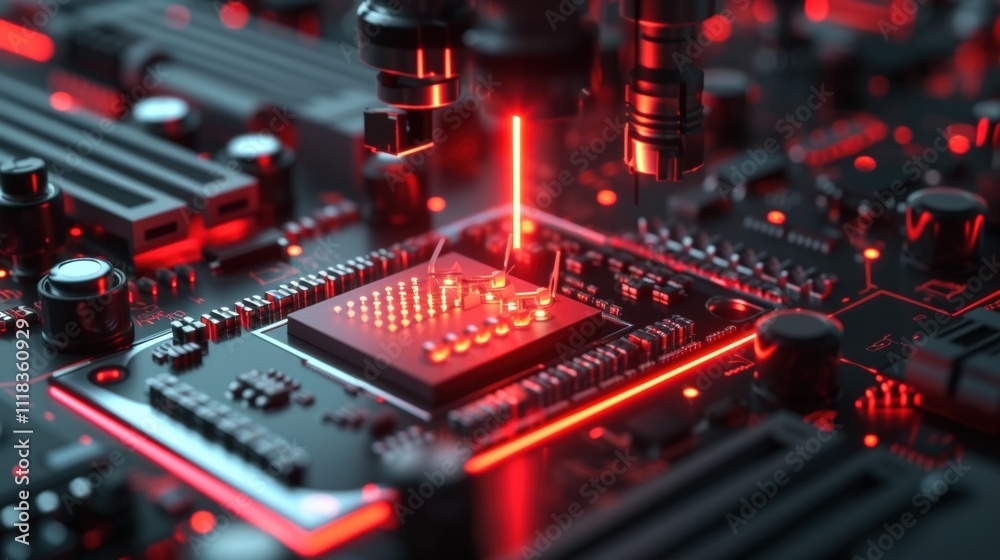 Obraz premium A microchip being programmed by an AI algorithm within a manufacturing machine ensuring accurate and consistent production of electronic components.